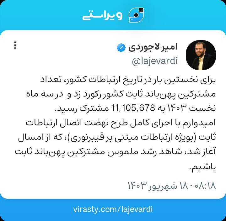 تعداد مشترکین پهن‌باند ثابت کشور رکورد زد