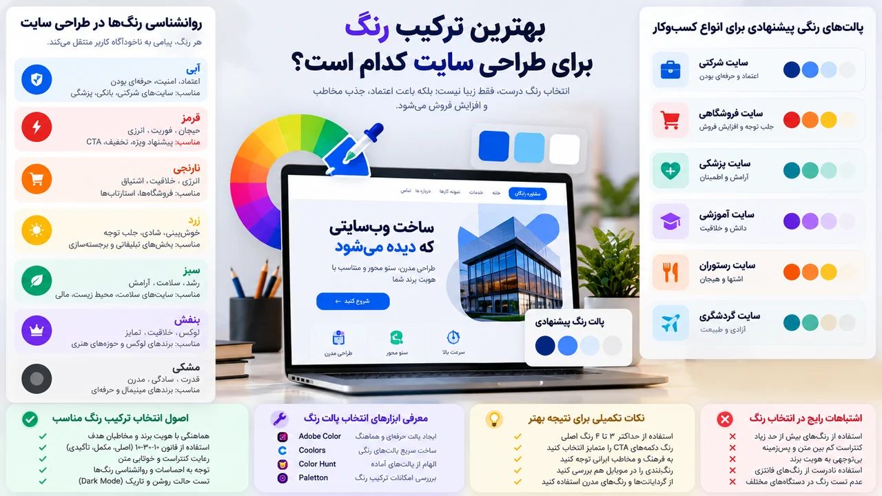 اینفوگرافی روانشناسی رنگ و پالت مناسب انواع سایت